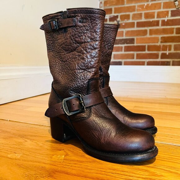 Frye Vera Short Engineer Motorcycle Belted Brown Leather Boots - Size 5.5 - Picture 2 of 16
